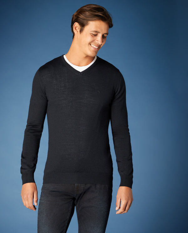 Plain V-Neck Sweater - Navy1