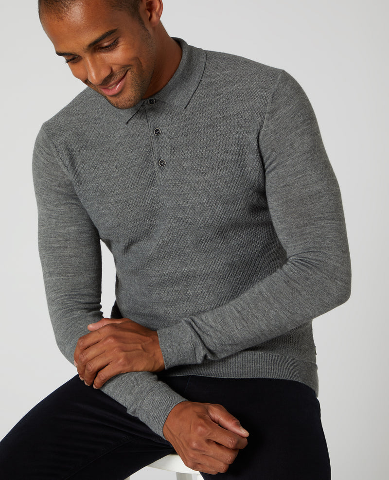 Long Sleeve Knitted Polo - Charcoal