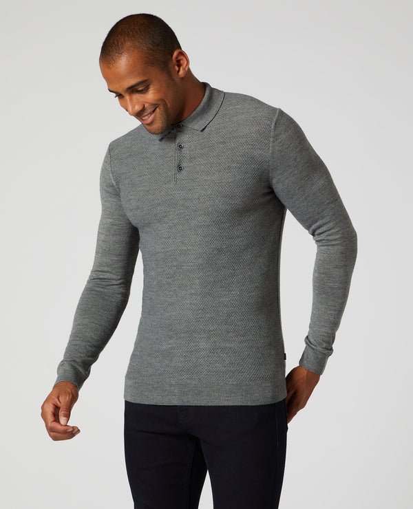 Long Sleeve Knitted Polo - Charcoal