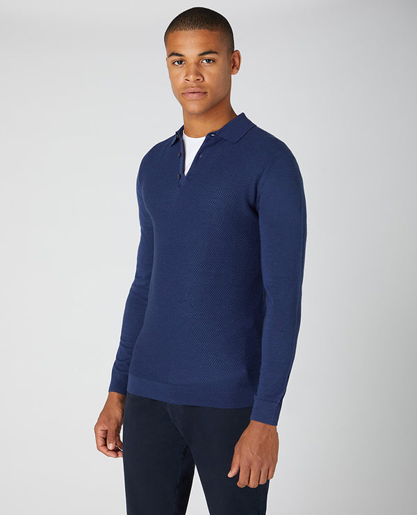 Long Sleeve Knitted Polo - Dark Blue/black