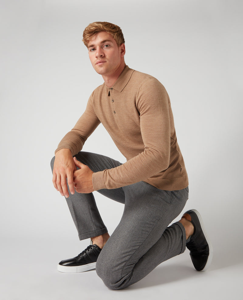 Long Sleeve Knitted Polo - Caramel