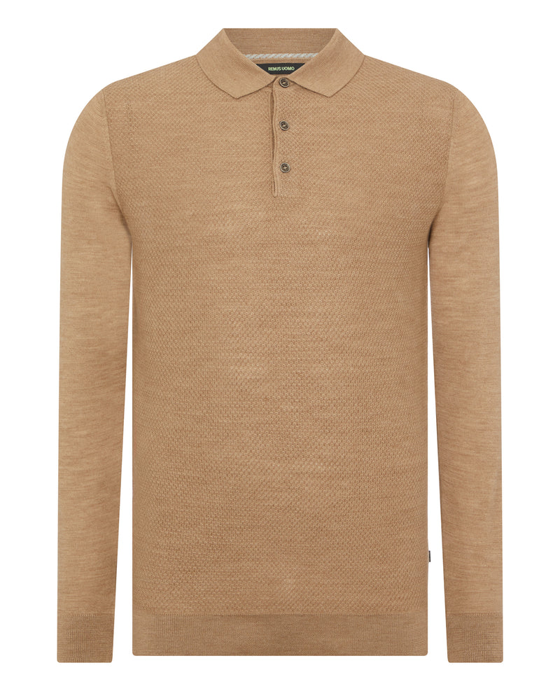 Long Sleeve Knitted Polo - Caramel