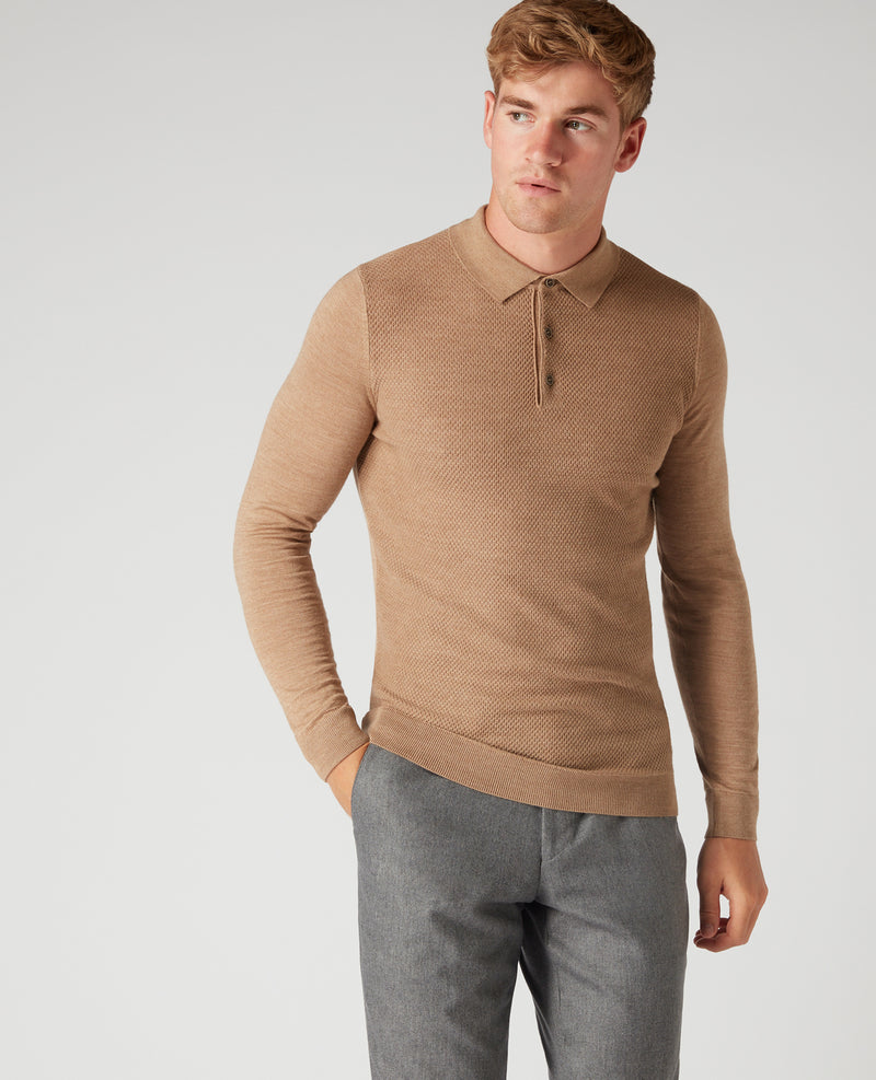 Long Sleeve Knitted Polo - Caramel