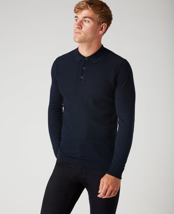 Long Sleeve Knitted Polo - Navy1