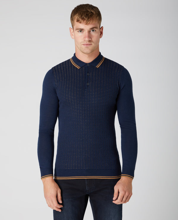 Long Sleeve Knitted Polo - Dark Blue/black