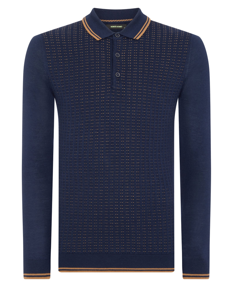 Long Sleeve Knitted Polo - Dark Blue/black