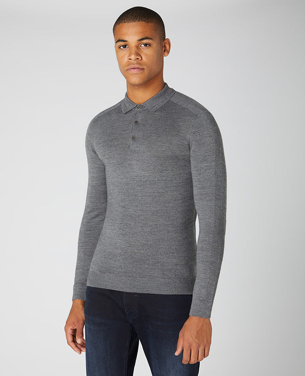 Long Sleeve Knitted Polo - Dark Grey