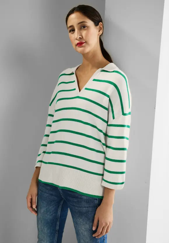 Striped Polo Neck Jumper - Brisk Green