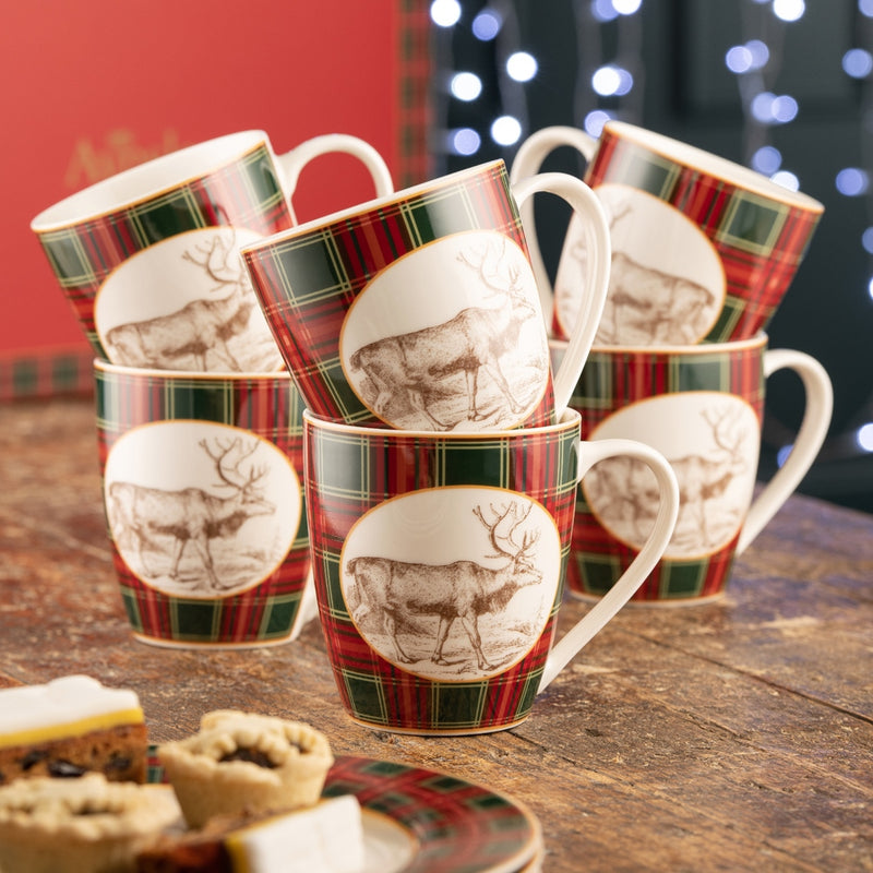 Tartan Reindeer Set Of 6 Mugs