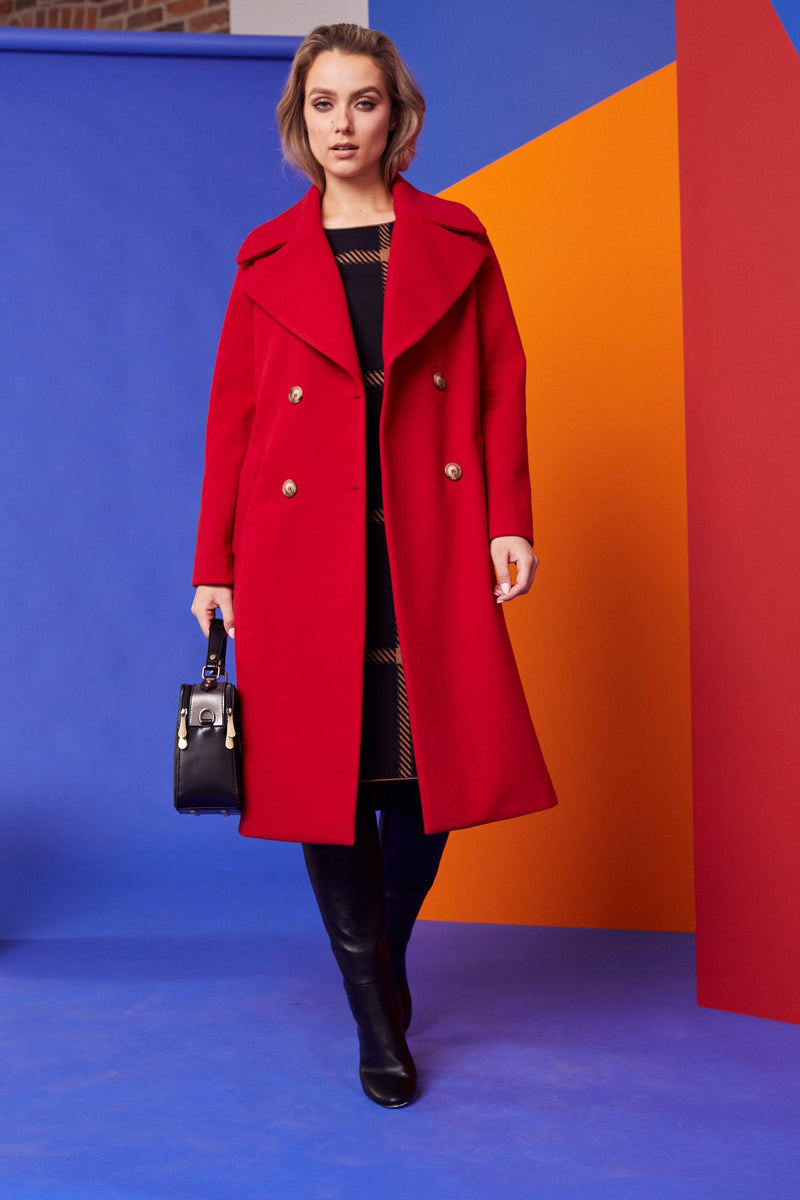 Military Style Wool Coat - Red