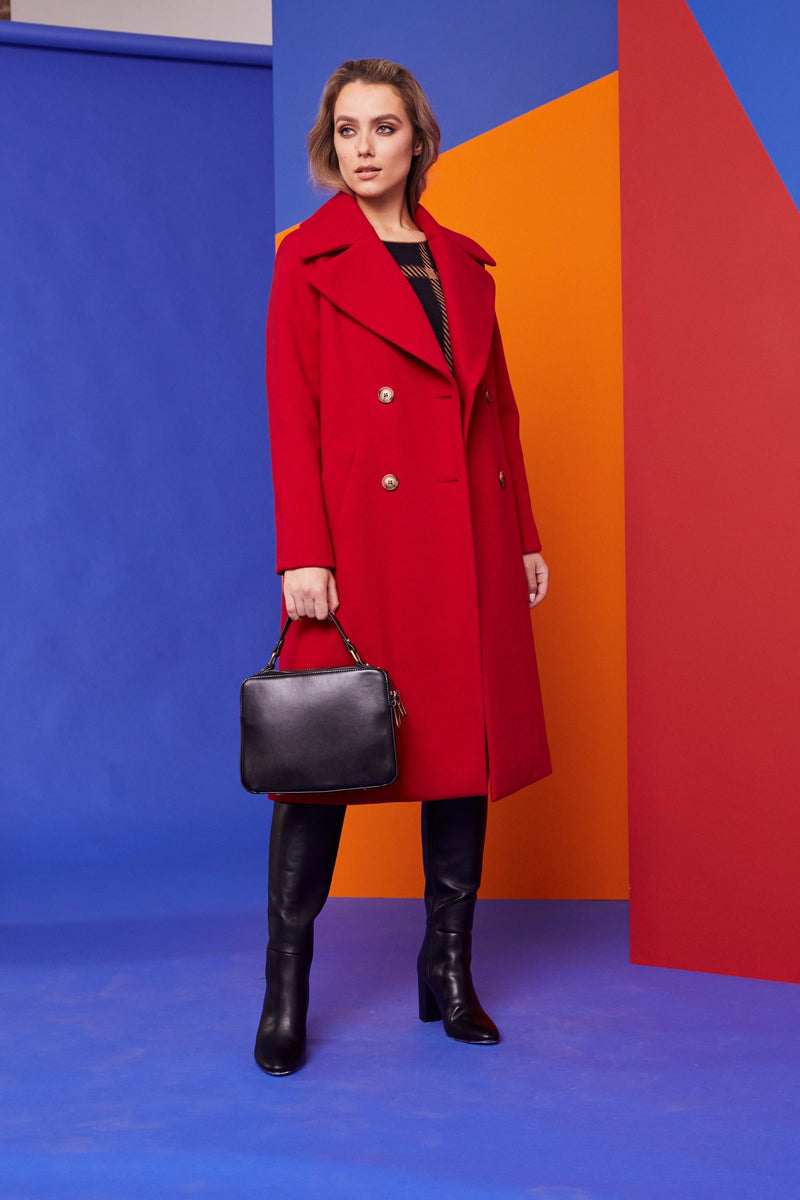 Military Style Wool Coat - Red