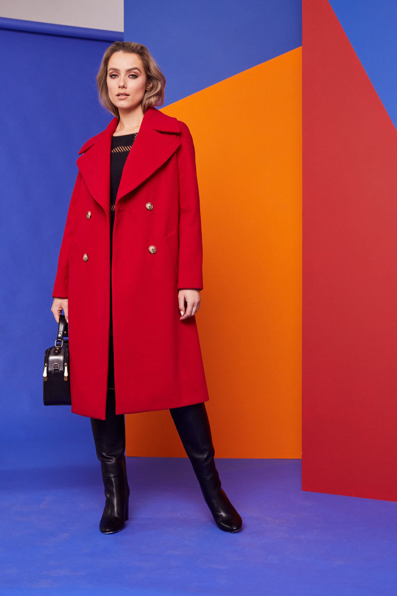 Military Style Wool Coat - Red