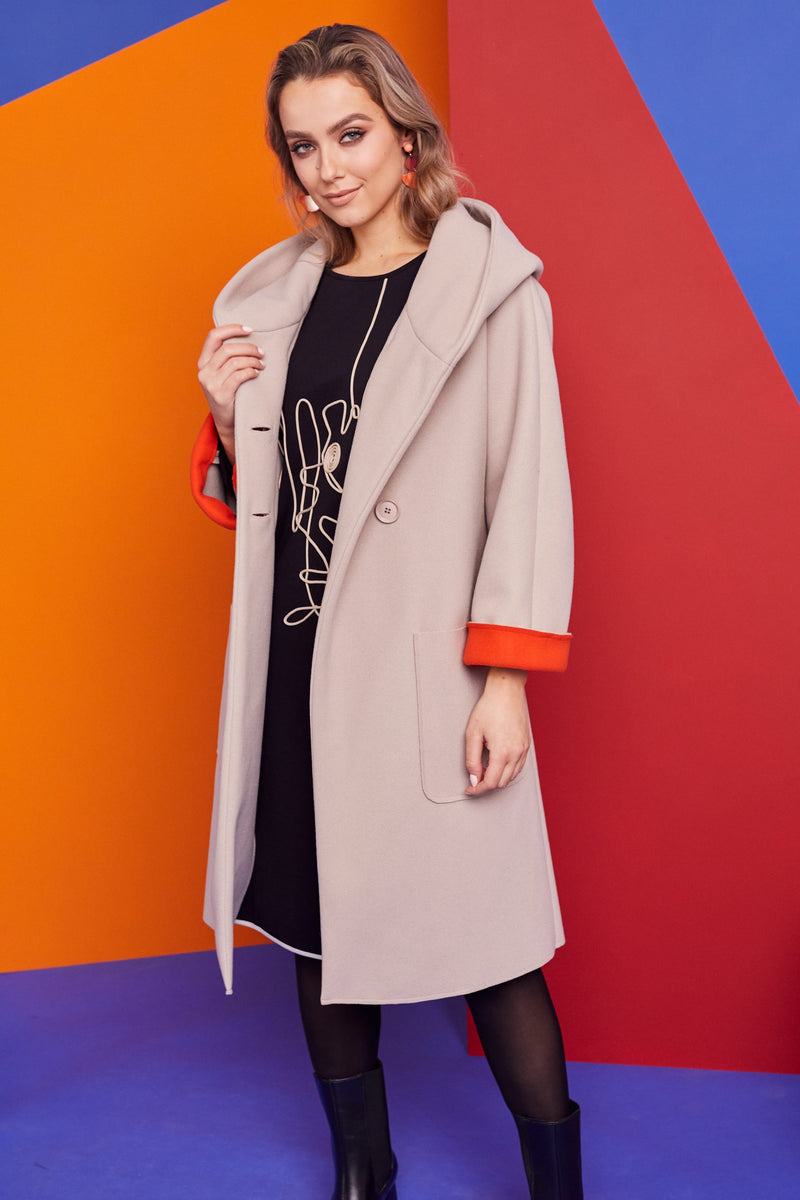 Contrast Cuff Hooded Coat - Stone