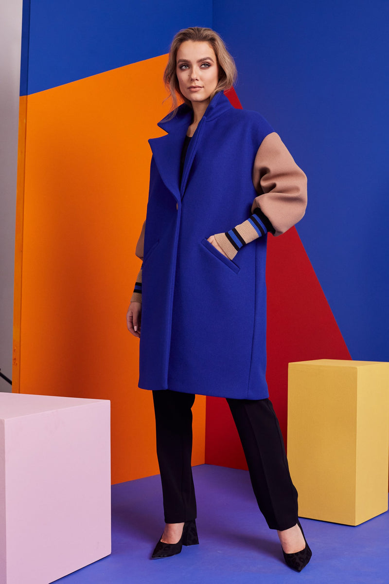 Contrast Sleeve Wool Coat - Royal Blue