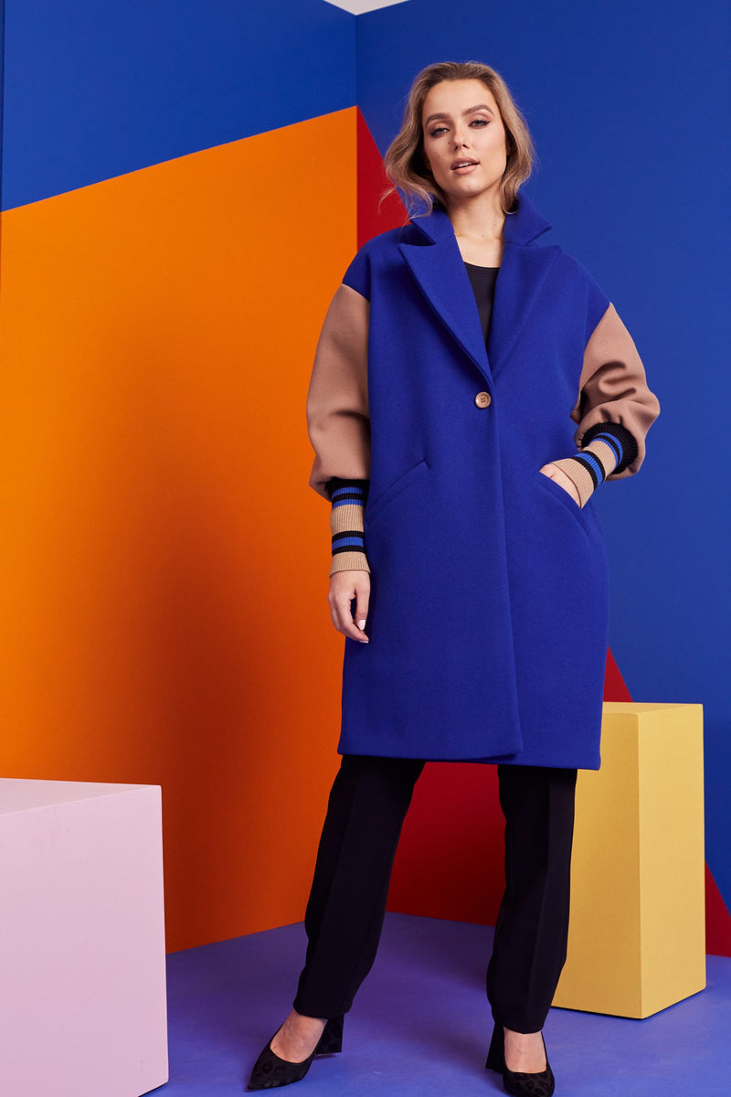 Contrast Sleeve Wool Coat - Royal Blue