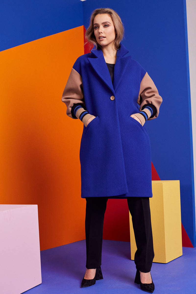 Contrast Sleeve Wool Coat - Royal Blue