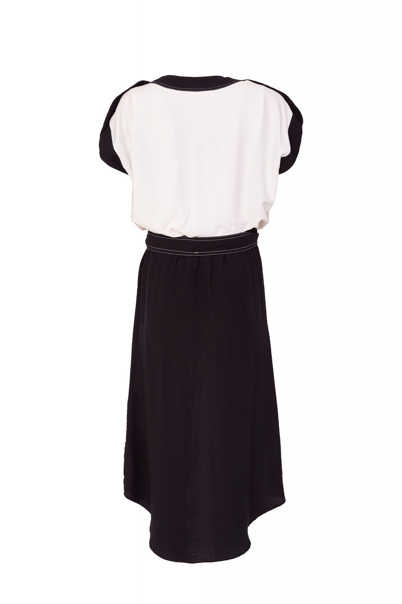 2 Tone V Neck Dress - Black/cream