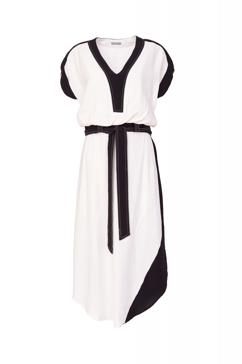 2 Tone V Neck Dress - Black/cream