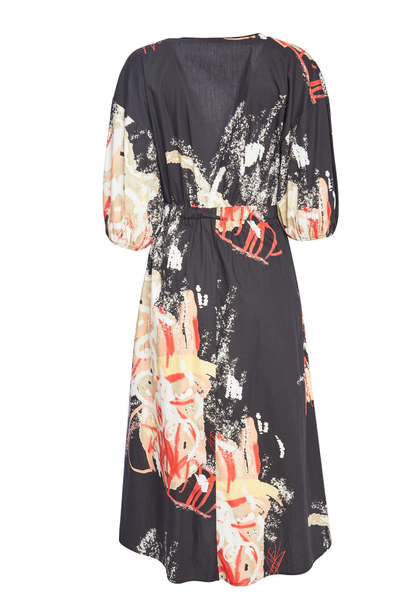 Contrast Piping Print Dress - Black/Stone