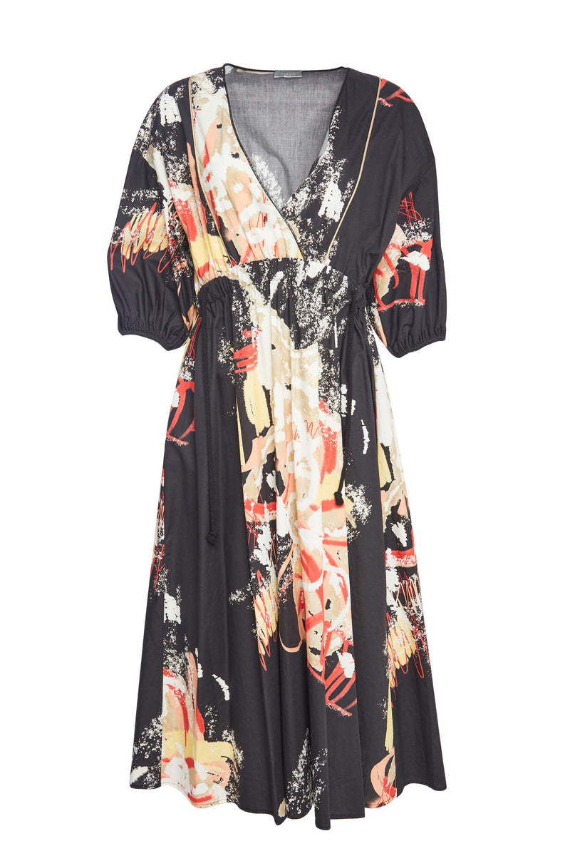 Contrast Piping Print Dress - Black/Stone