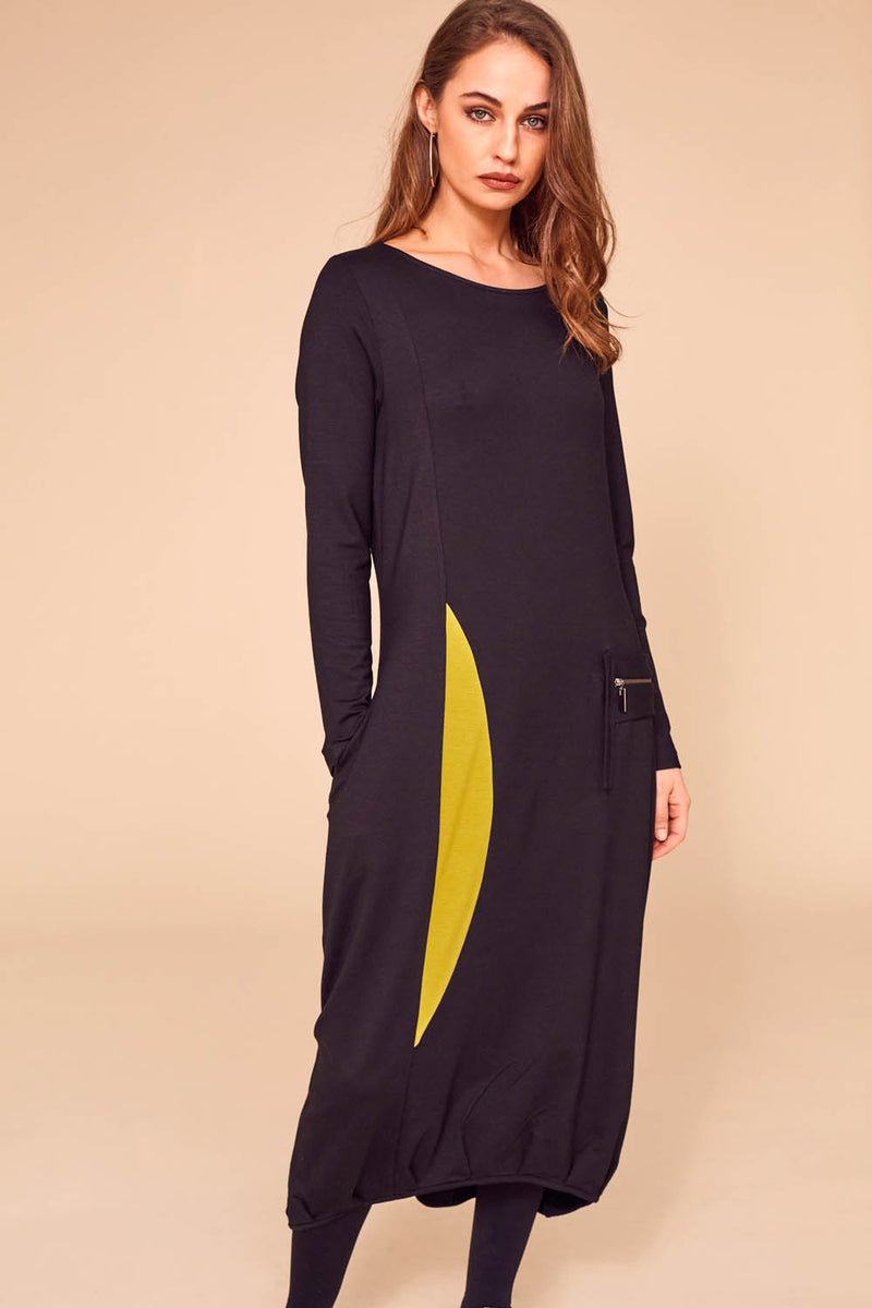 Contrast Panel Jersey Dress - Black/olive