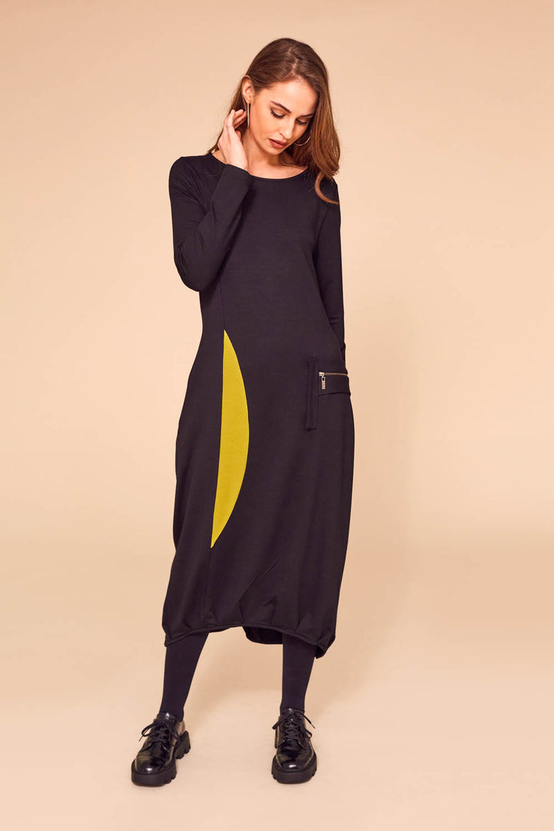 Contrast Panel Jersey Dress - Black/olive