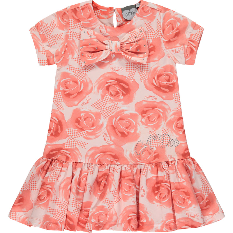 Yael Rose Print Bow Dress - Bright Coral