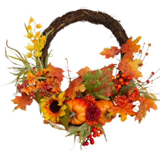 22 Inch Wreath With Sunflowers & Pumpkins