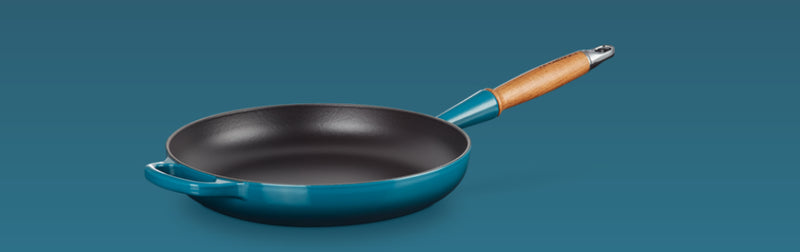 28cm Signature Cast Iron Frying Pan with Wooden Handle - Deep Teal