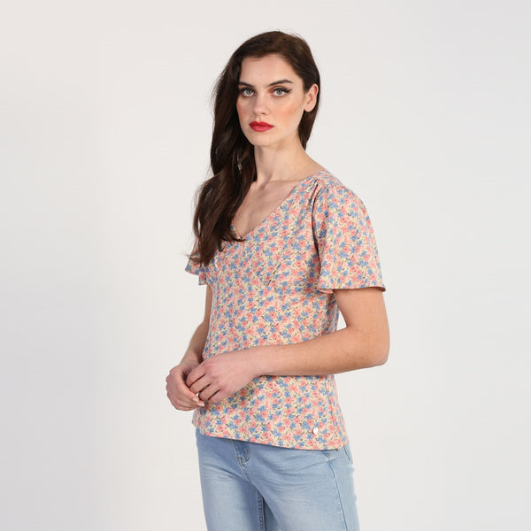 Wilma V Neck Top - Pink Daisy