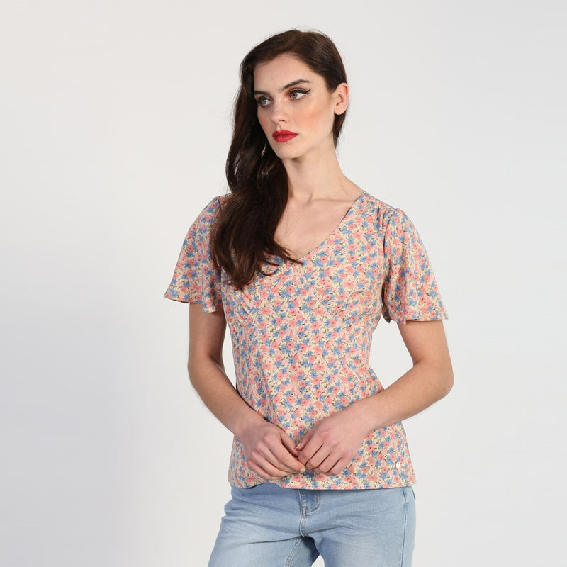 Wilma V Neck Top - Pink Daisy