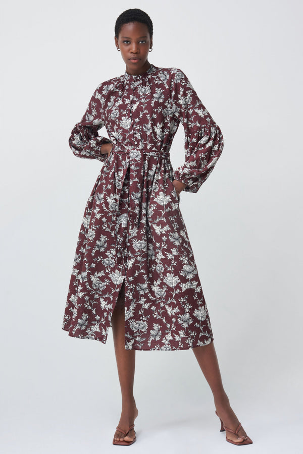 Long Sleeve Print Dress - Burgundy Print